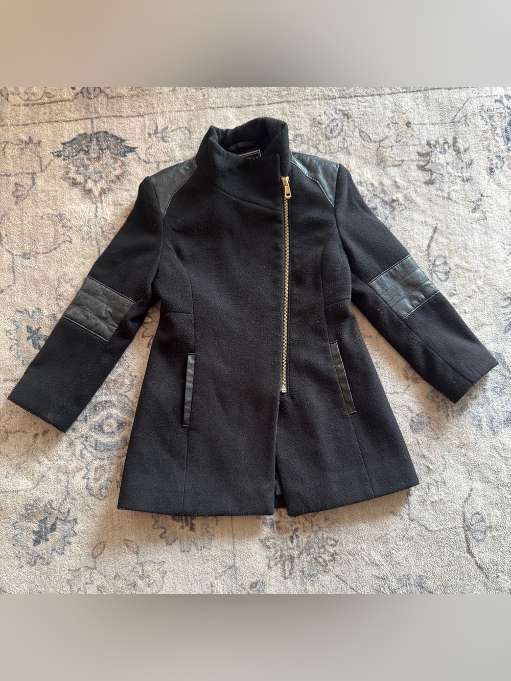 Rothschild Black Asymmetrical Zip Pea Coat with Faux-Leather Trim